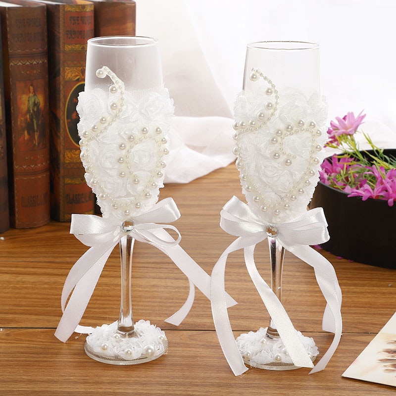 Wedding paar glazen champagne beker glas bruiloft benodigdheden bruiloft wijn glazen set glazen wijn wit kant glas