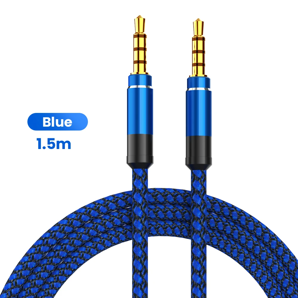Kabel audio nnbili 1.5m jack 3.5mm z nylonowym oplotem, 3.5mm kablem samochodowym aux, kod przedłużający do słuchawek, do telefonu,  mp3 głośnika samochodowego: Niebieski
