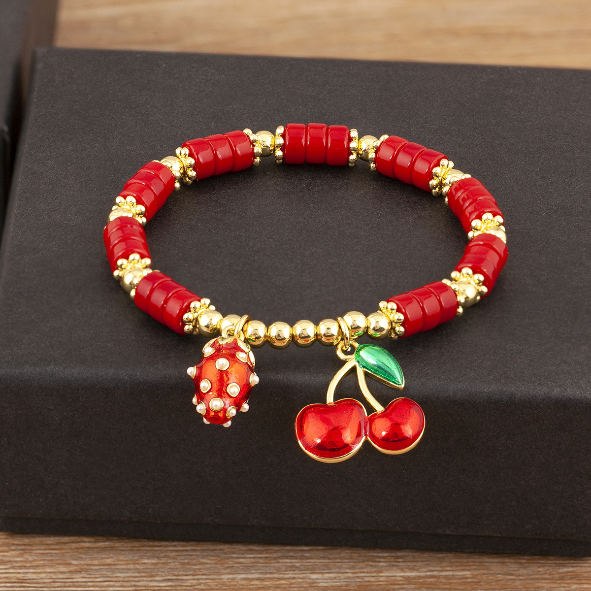 Nidin moda cereja forma coração contas vermelhas corrente pulseira para mulher 3 estilos escolha diariamente versátil jóias acessórios presentes: Cor dourada amarelo claro