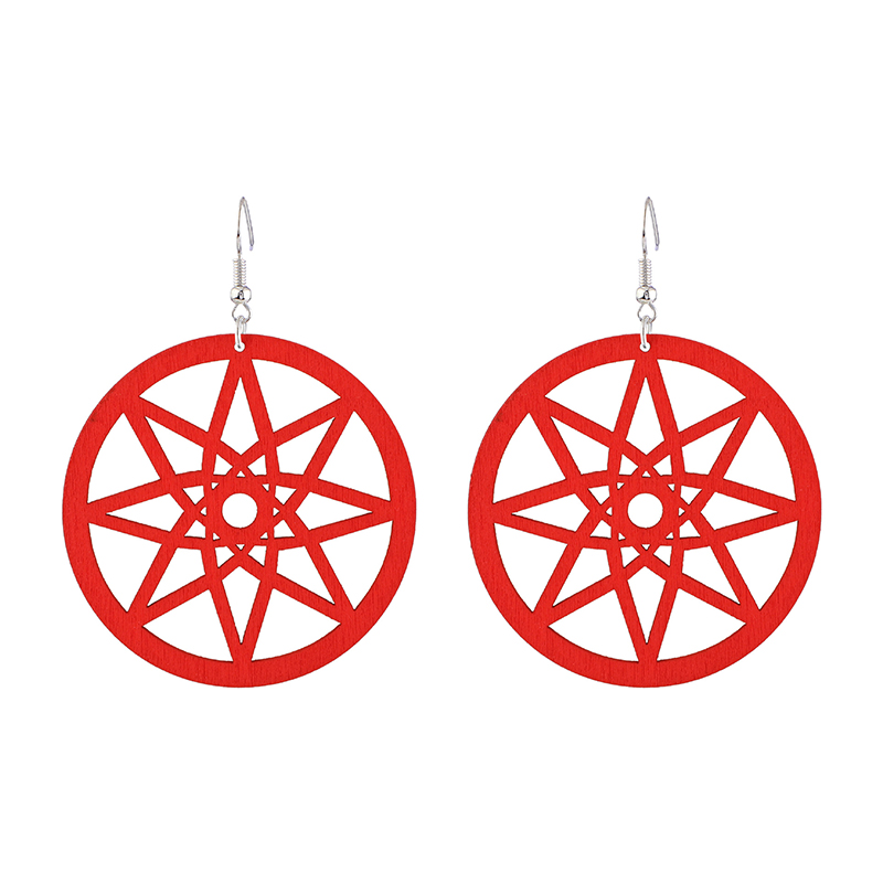 Retro Round Wood Earrings for Women Casual Original Hollow Eight-pointed Star Geometric Wooden Jewelry: C9