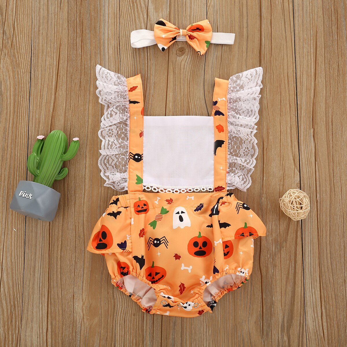 FOCUSNORM Halloween Weihnachten Baby Mädchen Jungen Strampler Karikatur drucken Spitze Rüschen Kurzarm Overall Stirnband