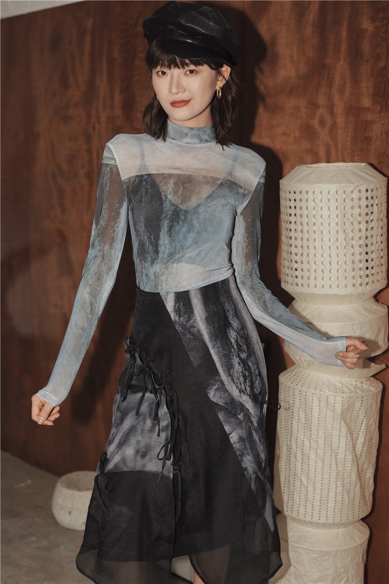 Cheerart ocean print mesh top pitkähihainen paita t -paita naiset läpikuultava top -paita esteettiset vaatteet