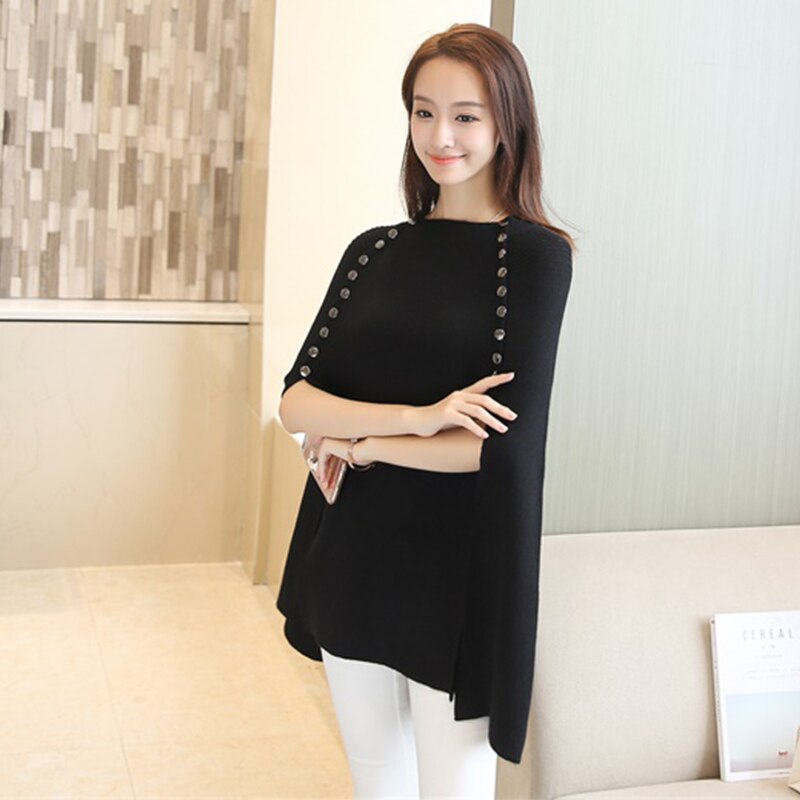 Suéter de capa de punto para mujer, jersey de otoño e invierno, ropa de calle, suéteres casuales sueltos, capas, cuello redondo, mangas de murciélago, poncho