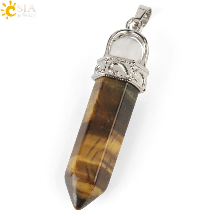 CSJA-colgante de piedra Natural para hombre y mujer, columna hexagonal puntiaguda, pilar de Cristal púrpura blanco y rosa, collares, G287: Tiger Eye