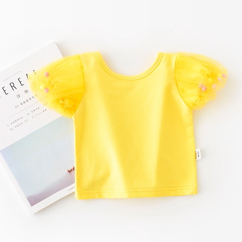 Summer New Baby Girls Fairy Puff Sleeve T-shirt: Yellow / 66