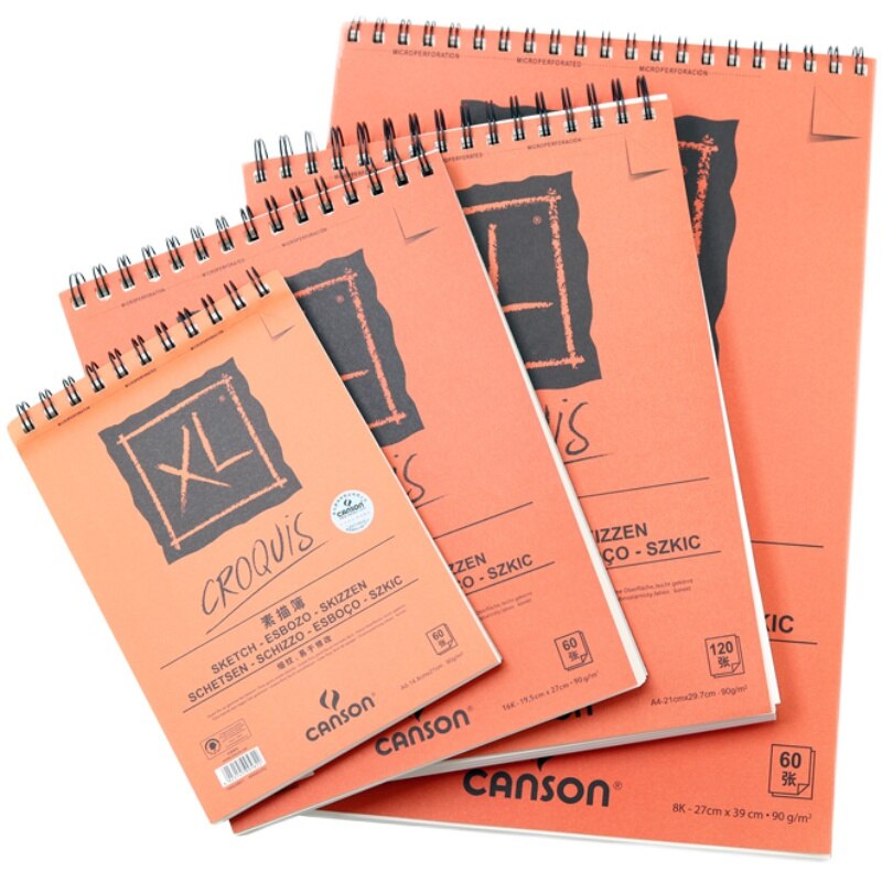 CANSON Sketch Book 90g XL Drawing Book 90g Orange Cover Coil 60 Pages A4 A5 Fine Grain Sketchbooks Acid-free Paper