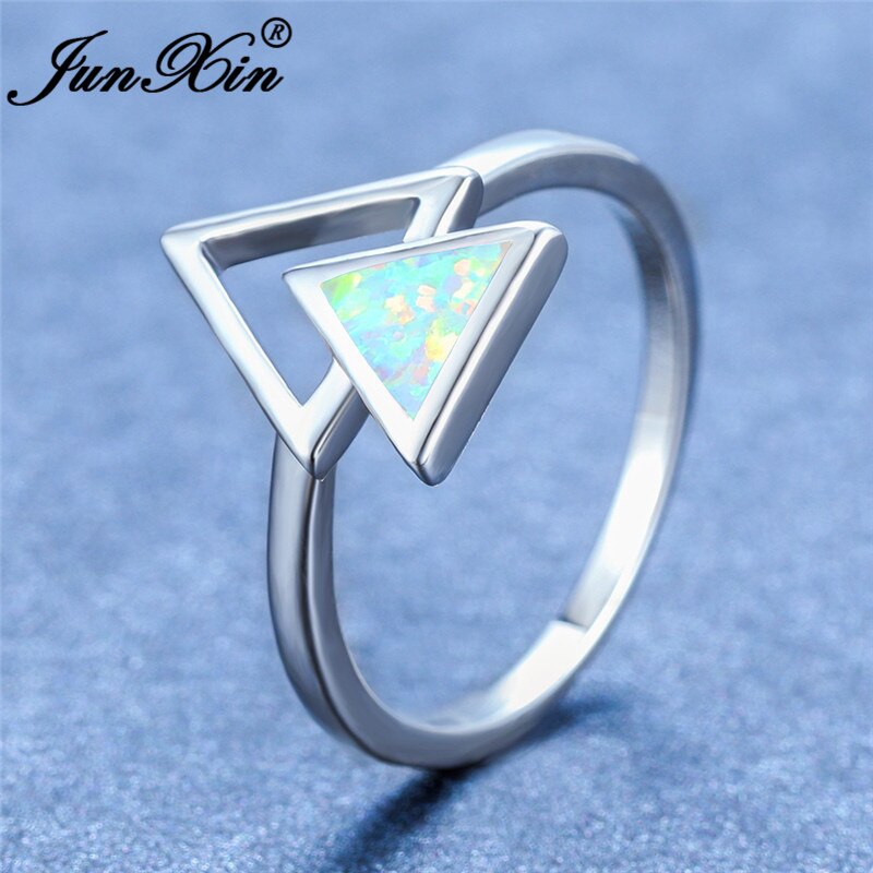Geometrisk trekant blå hvid brand opal ringe til kvinder mænd sølvfarve simpelt bryllup band lover forlovelsesring smykker