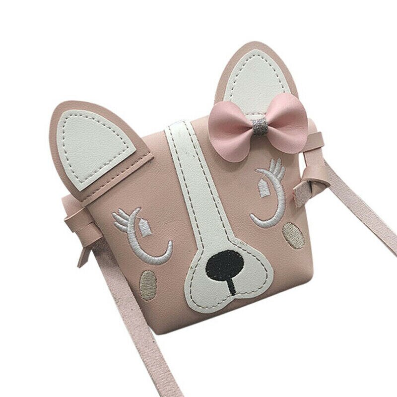 Mini bolso de hombro de piel sintética para niños y niñas, bolsa de mensajero informal con lazo de perro bonito: Rosa