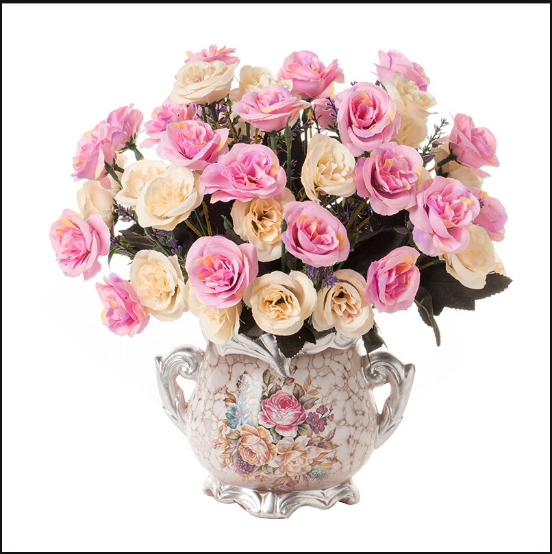 1set European artificial flower+vase living room home table wedding decor potted bonsai ornament silk flores +Ceramic vase