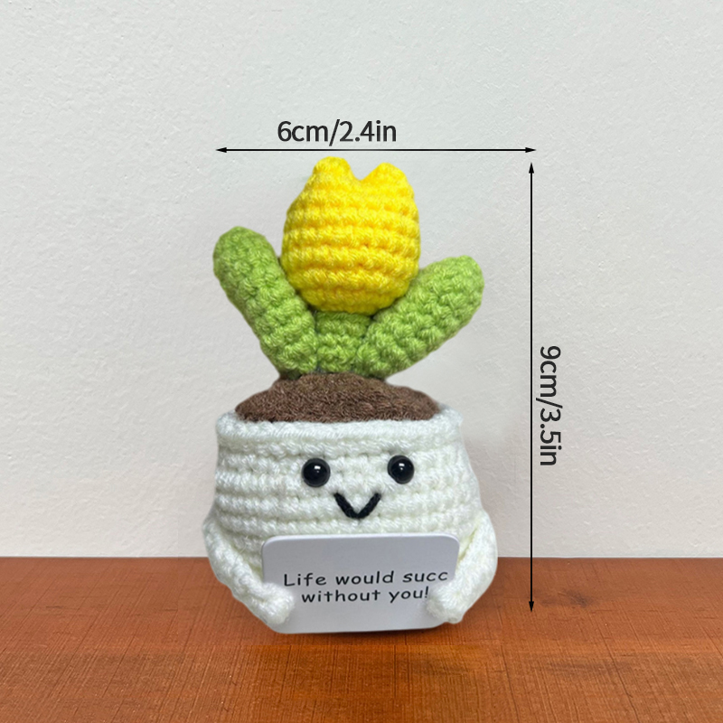 Flor de ganchillo hecha a mano, adorno de lana tejido en maceta de girasol, decoración divertida para aliviar el estrés con tarjeta positiva: Blanco puro