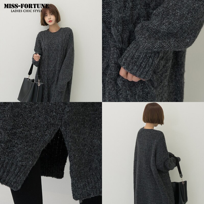 suéter de otoño cálido Vintage vestido de mujer suéter largo de invierno Vestidos de punto Maxi holgado Vestidos de gran tamaño vestido largo Vestidos