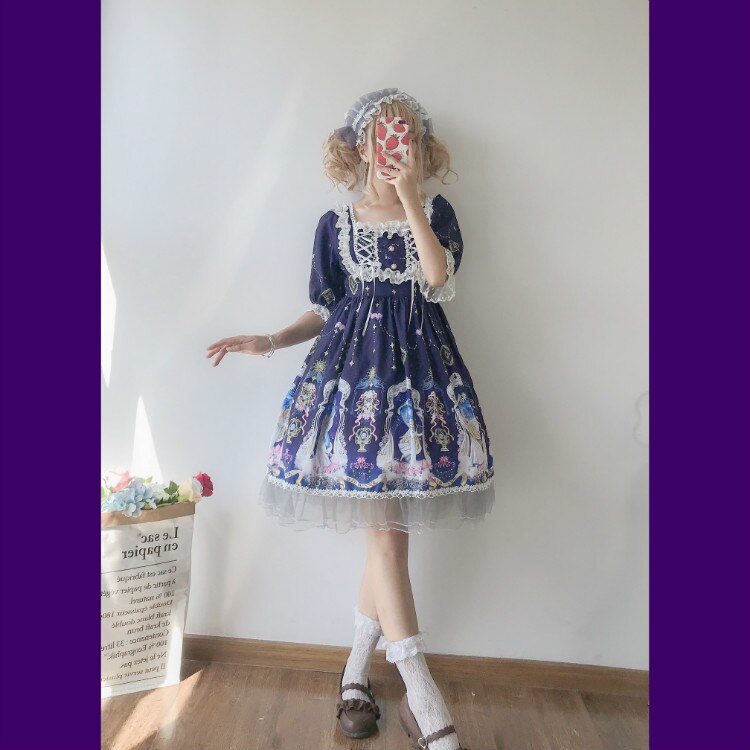 Kawaii Original Lolita Dress Angel Hourglass Short Sleeve Op Dress Japanese Soft Sister dress: DeepBlue op