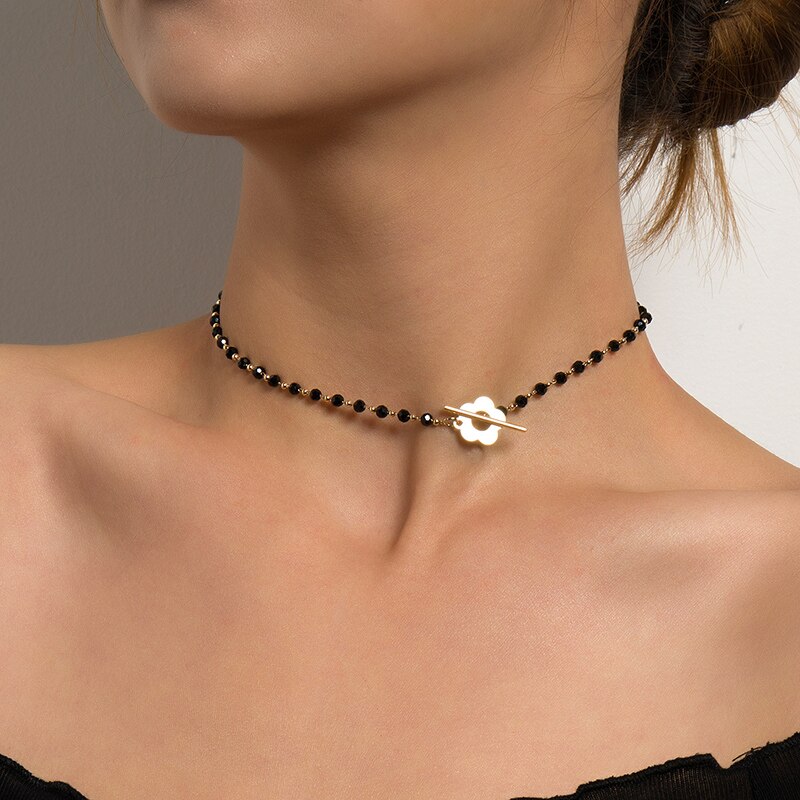 Neue 2022 Luxus Schwarz Kristall Glas Perle Kette Halsband Halskette Für Frauen Blume Lariat sperren Kragen Halskette