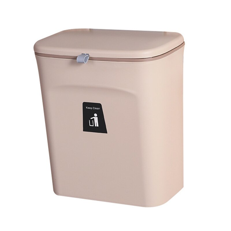 Hanging Trash Can for Kitchen Cabinet Door with Lid Wall Mounted Counter Waste Bin Plastic Waste Bins: Brown