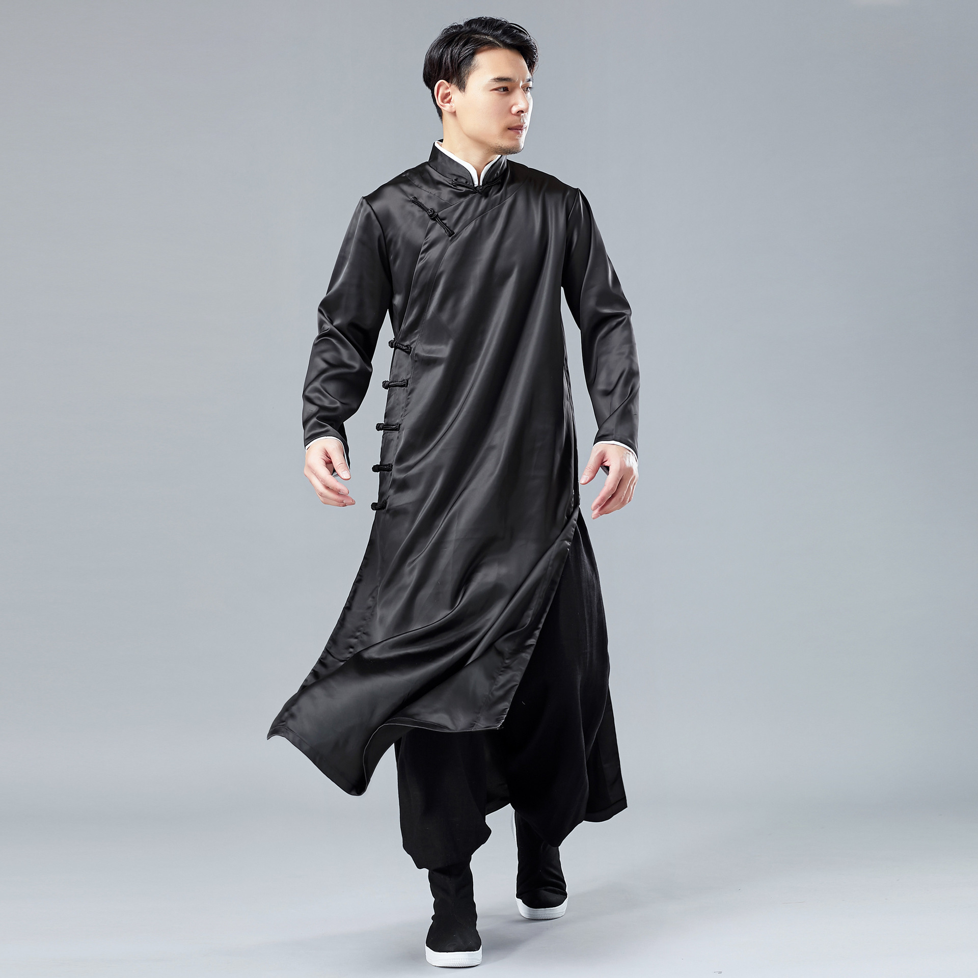 IEFB /men's wear spring satin gown robe Chinese style national costume long sleeve vent hem clothes 9Y1242: black / XL