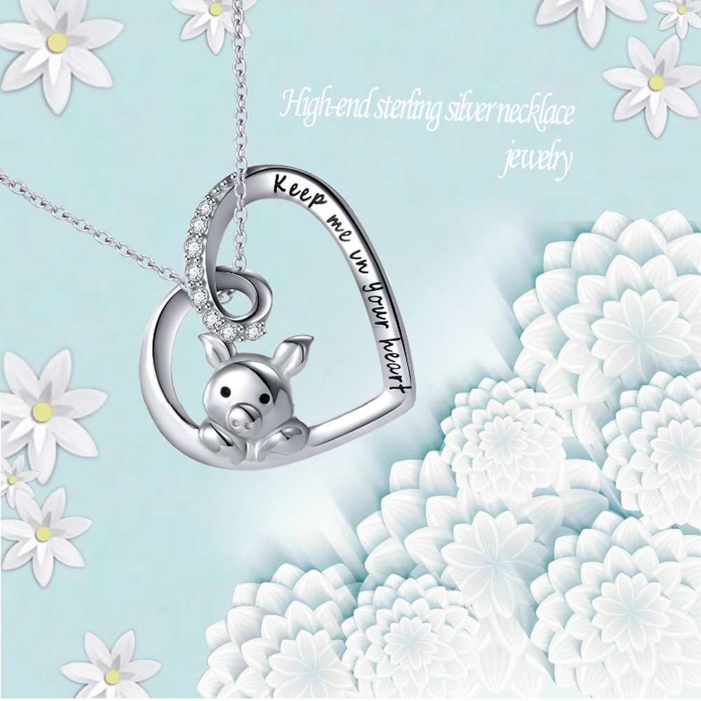Women Copper plated silver Pig Pendant Necklace Piggy Jewelry Cute Hollow Heart Engraved"Keep Me in Your Heart" for Women Girls
