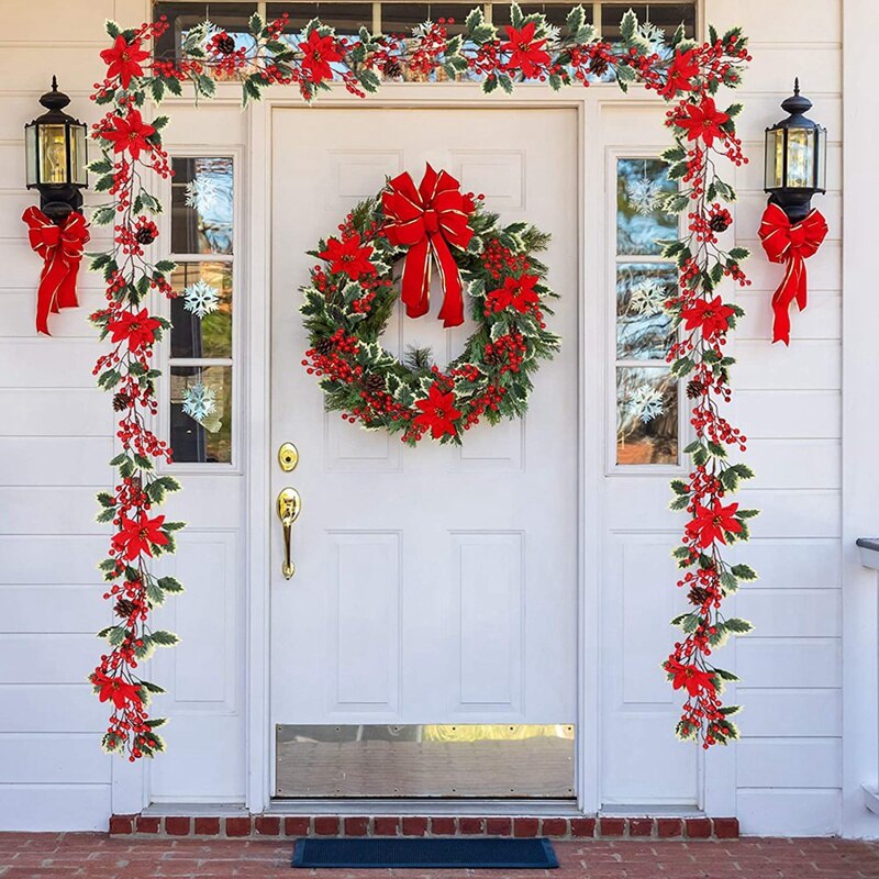 6.3FT Red Berry Christmas Garland, Artificial Poinsettia Garland,Christmas Berry Garland with Pine Cones