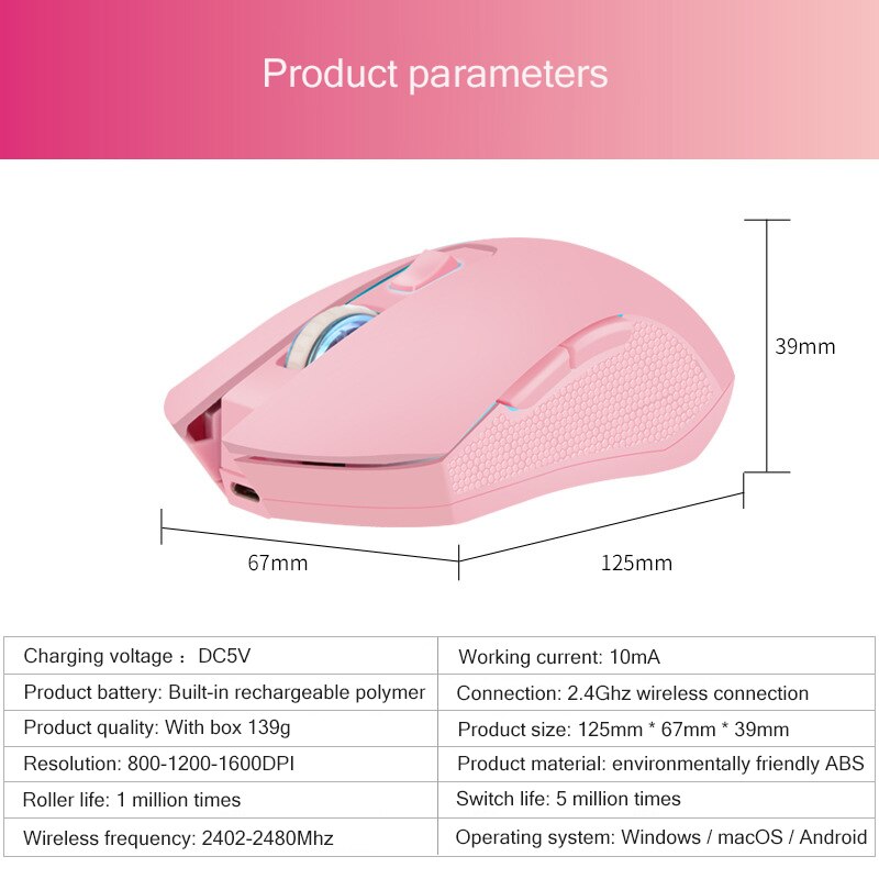 Women Pink Wireless Mouse 2.4Ghz 1600 DPI Mouse Mute Key USB Rechargeable Power Saver Girl Mice