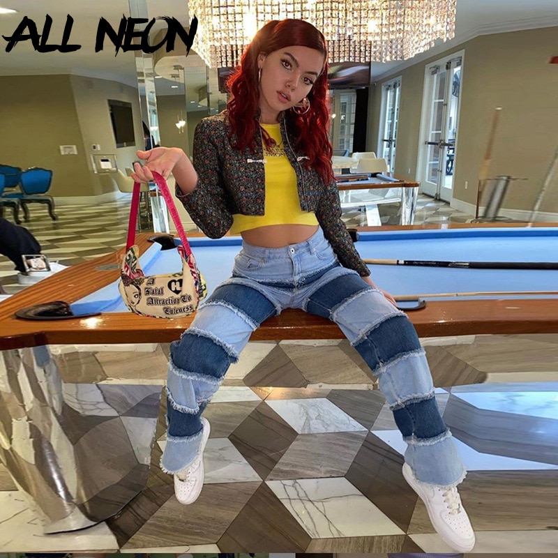 ALLNeon Y2K e-girl parches coser Stitch Jeans para mujeres Hip Hop cintura alta Denim suelta pantalones largos conjunto Streetwear