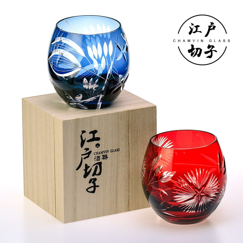 Crystal carved glass red wine glass, Japanese Edo Kiriko ins wind person hand-carved transparent water tea cup whiskey glass