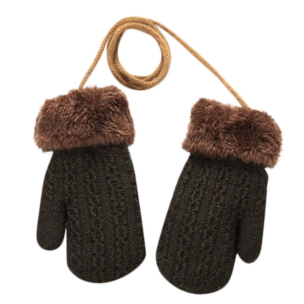 Kids Herfst Winter Gebreide Warme Handschoenen Meisjes Jongens Outdoor Winter Patchwork Warm Houden Wanten Handschoenen Bont Sneeuw Touw Handschoenen Zwart