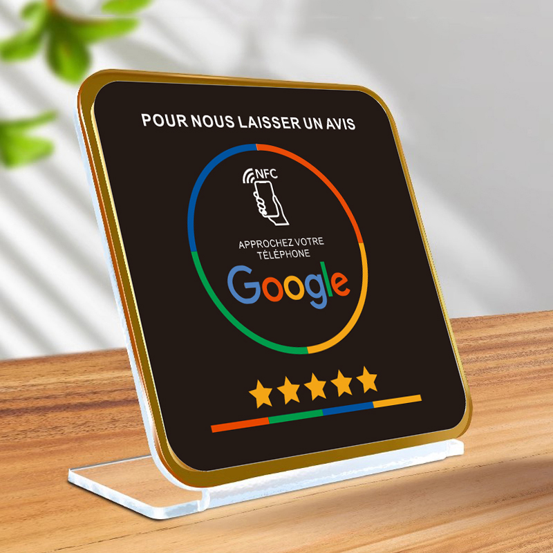 Présentoir de Table de Restaurant en acrylique NFC, noir, allemand, français, néerlandais, arabe, espagnol, poli, pour les réseaux sociaux sur Google: Kaki