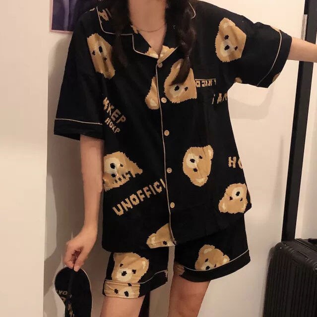 Qweek kvinder pyjamas sæt japansk kawaii pijamas bjørn print pyjamas teen piger hjem tøj turndown krave sommer nattøj: S
