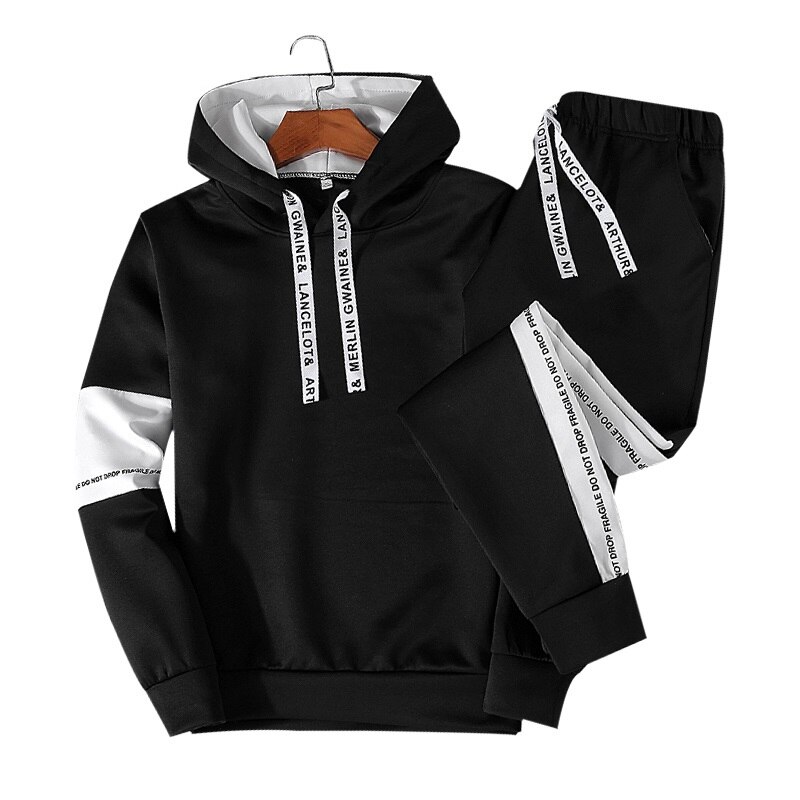 Patchwork survêtements hommes ensembles printemps automne sweat à capuche costume hommes vêtements de sport pull deux pièces ensemble décontracté hommes ensembles: Black / L