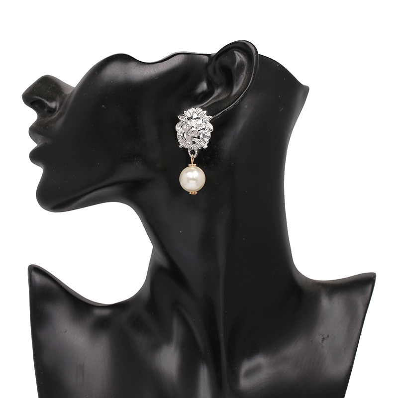 Vintage Lion Head Pearl Earrings for Women Trendy Gold Lion Head Big Dangle Earring Metal Baroque Ear Jewelry
