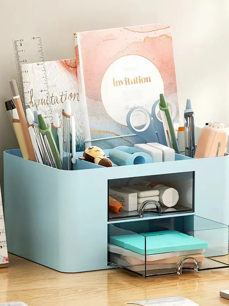 Organizer per penne 1PC con 2 cassetti Portapenne multifunzionale per supporto da scrivania Scatola di immagazzinaggio per scrivania Forniture per ufficio Tavolo da toeletta