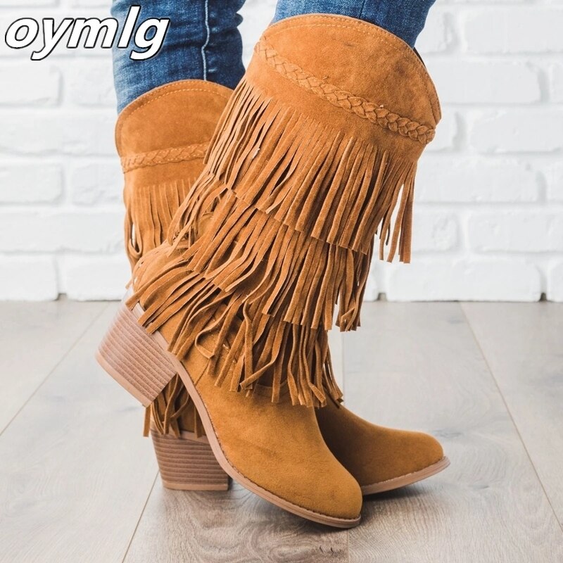 Vrouwen bohemian boho hak laars etnische vrouwen kwastje franje imitatie suède meisjes leren enkellaarsjes platte schoenen laarsjes