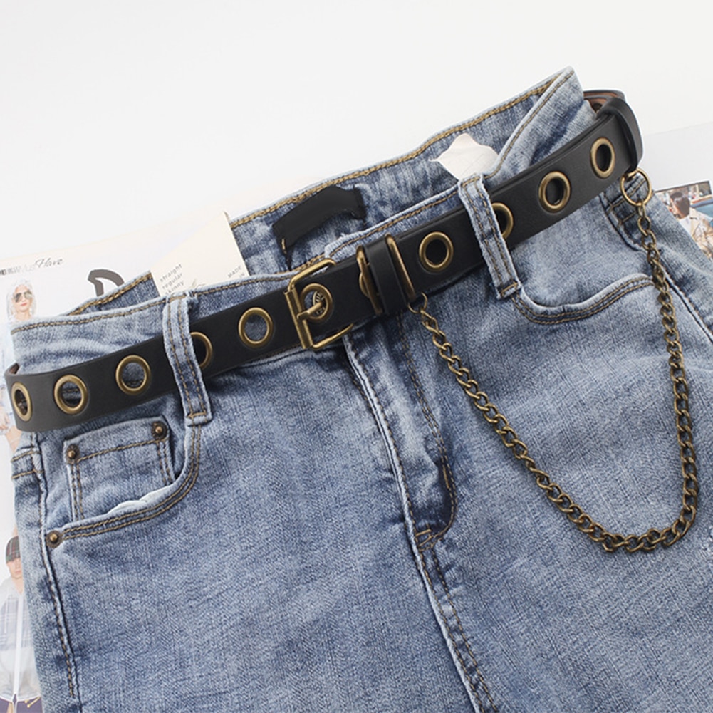 Women/Men Punk Belt Three Rows Of Holes Belt Detachable Chain Decorative Jeans Waistband Jacket Accessories PU Leather Belt: A3