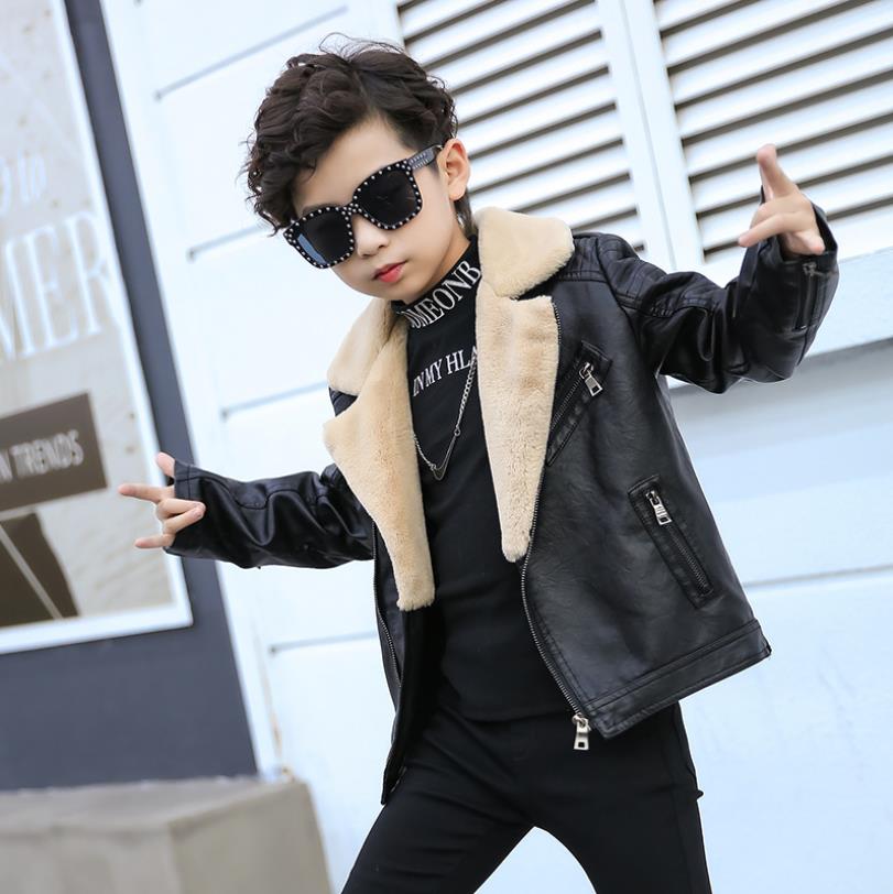 Baby boys Plus velvet Pu leather jackets autumn winter faux for collar warm coats chldren outerwear teen clothes