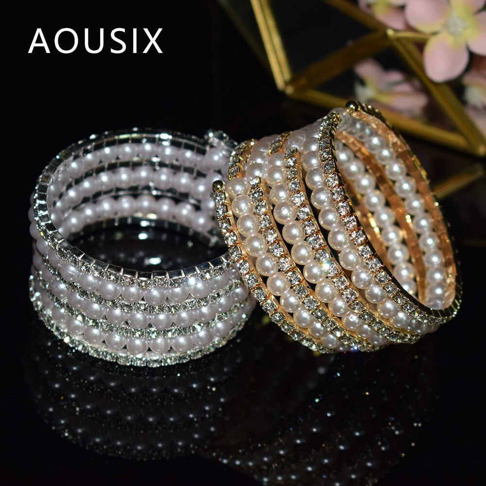Elegante braccialetto di perle di cristallo multistrato estensibile braccialetto di perle per le donne polsini braccialetti strass gioielli da sposa Accessori