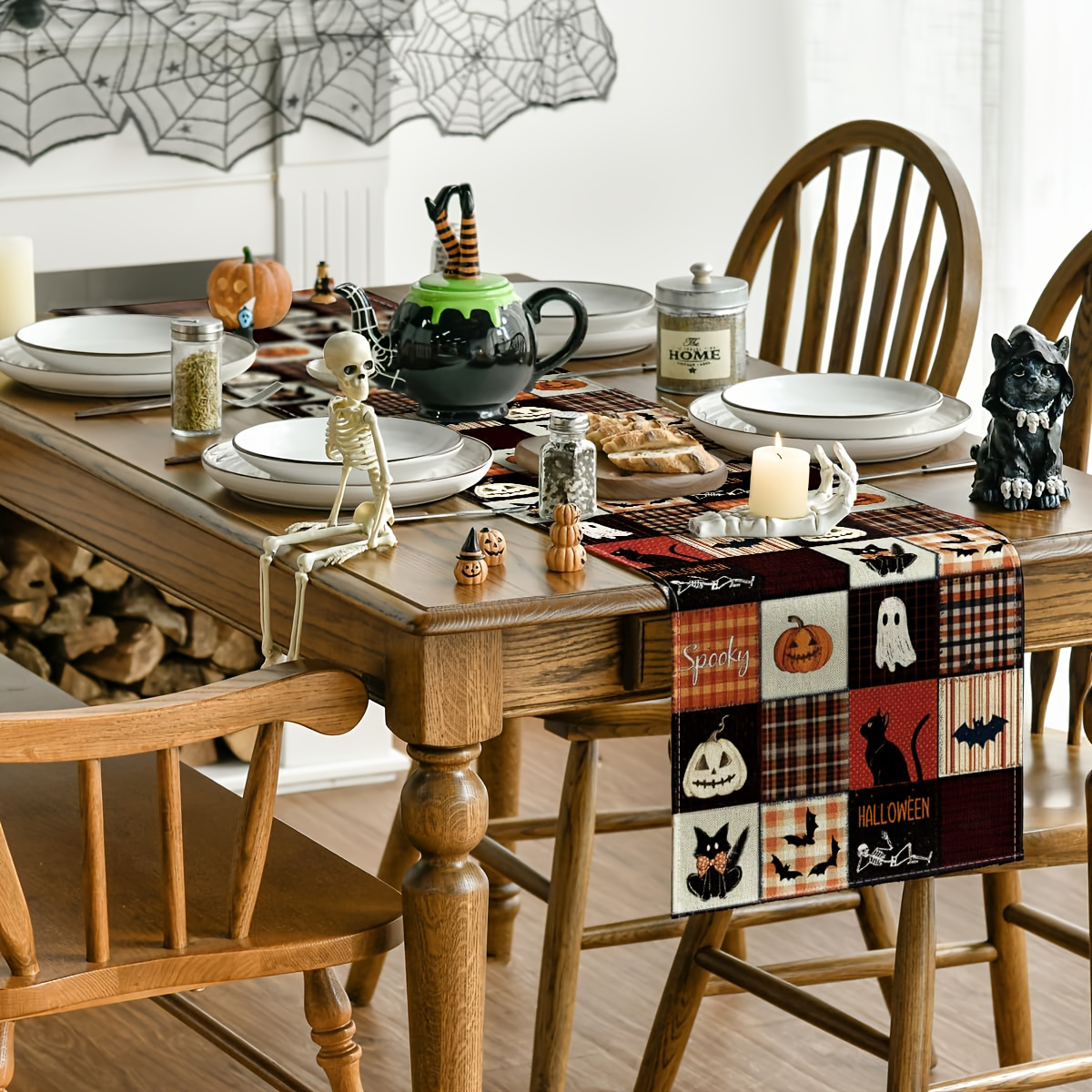 1pc halloween bordlöpare läskig pumpa katt spindelnät i orange svartvitt polyestertyg för köksmatbord