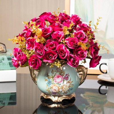 1set European artificial flower+vase living room home table wedding decor potted bonsai ornament silk flores +Ceramic vase: f1