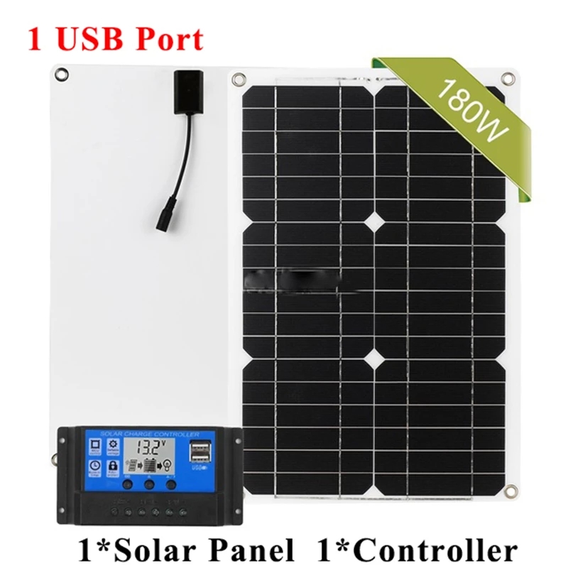 12V Protable Solar Panel Charger Set 180W 1/2 USB Port with 20A LCD Display Solar Charge Controller Emergency Generator: 1USB 20A Controller