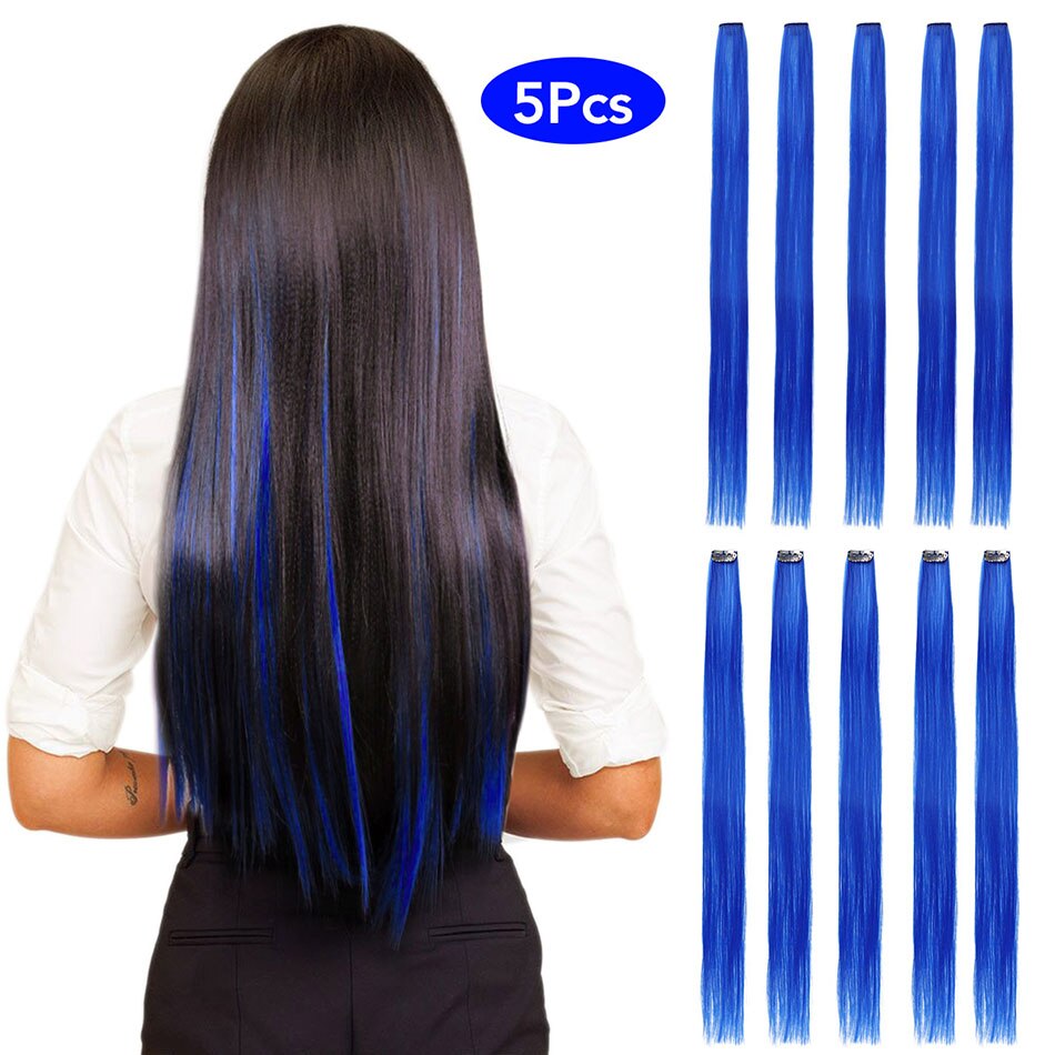 Meepo Lange 24 Inch Steil Haar 5 Stuks/set Gekleurde Highlight Synthetische Hair Extensions Clip-In Een Stuk Pure Kleur: Blue