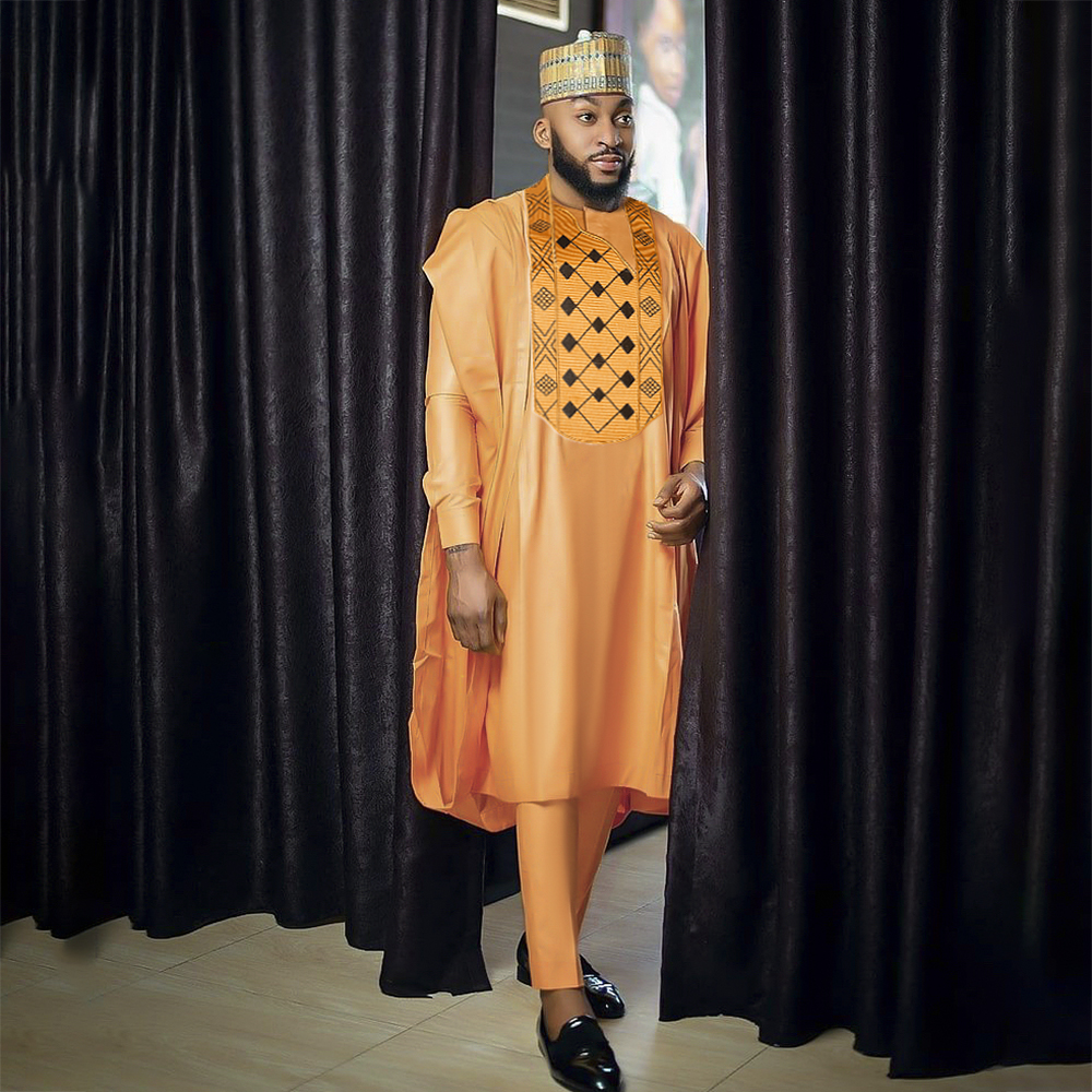 H&amp;d afrikansk kjole til menn kjortel skjorte bukser sett lange armer topper broderi agbada boubou afrikansk tradisjonelle klær 3 stk sett