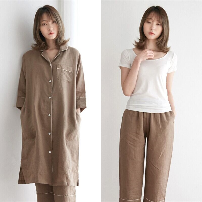 Sleepwear 3 Pieces Pyjama Set Women Spring Summer Linen Cotton Pajamas Sets Sleep Suit Sweet Cute Nightwear Home Clothes: L