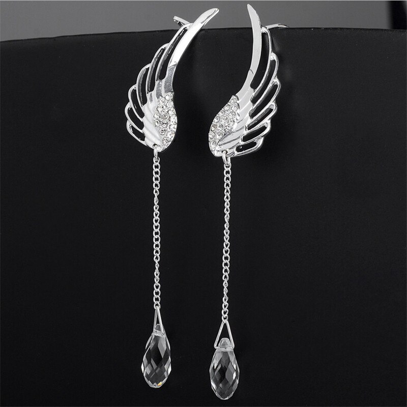 Silver Plated Angel Wing Stylist Crystal Earrings Dangle Ear Stud For Women Long Cuff Earring Bohemia Jewelrys