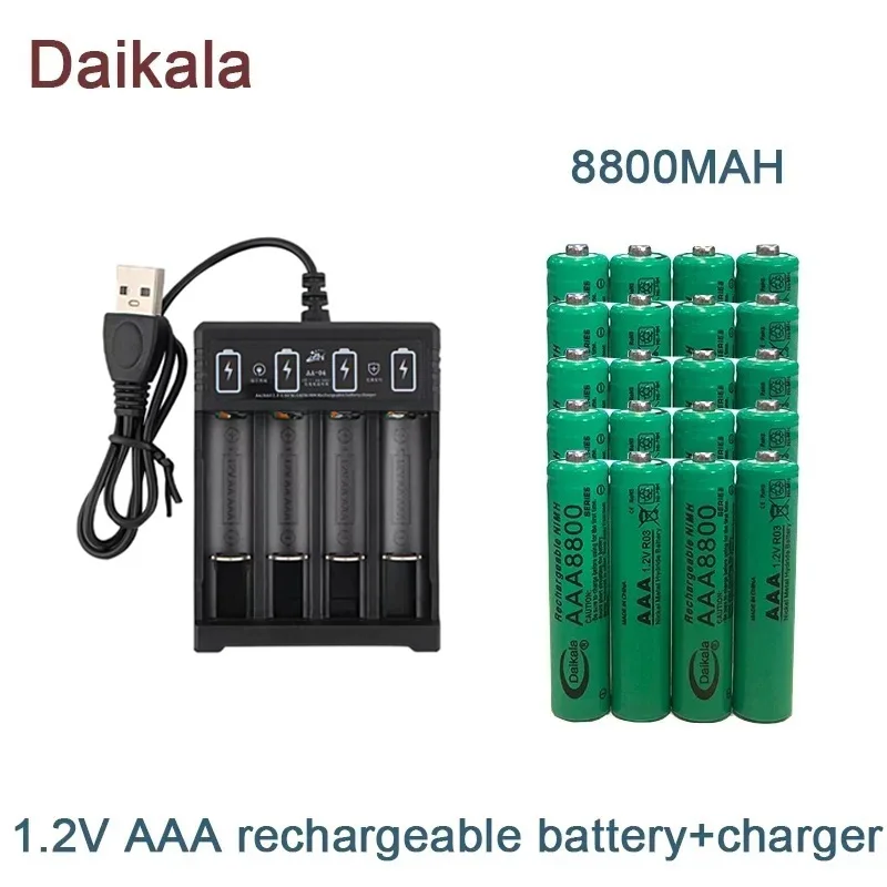 Batería alcalina AAA de 1,2 V, 8800mAh, linterna, juguete, reloj, reproductor de MP3, batería de níquel-hidrógeno de repuesto, + cargador: RED