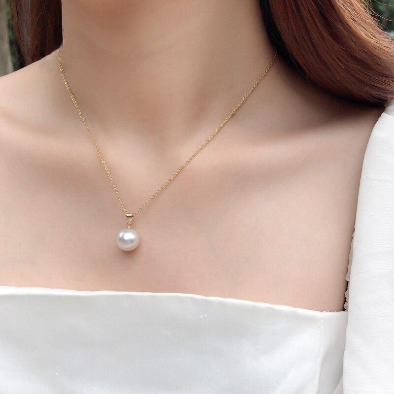 Real Big White Pearl Pendant For Women,11-12mm Natural Freshwtaer Pearl Pendant 18k Yellow Gold Chain Necklace Jewelry