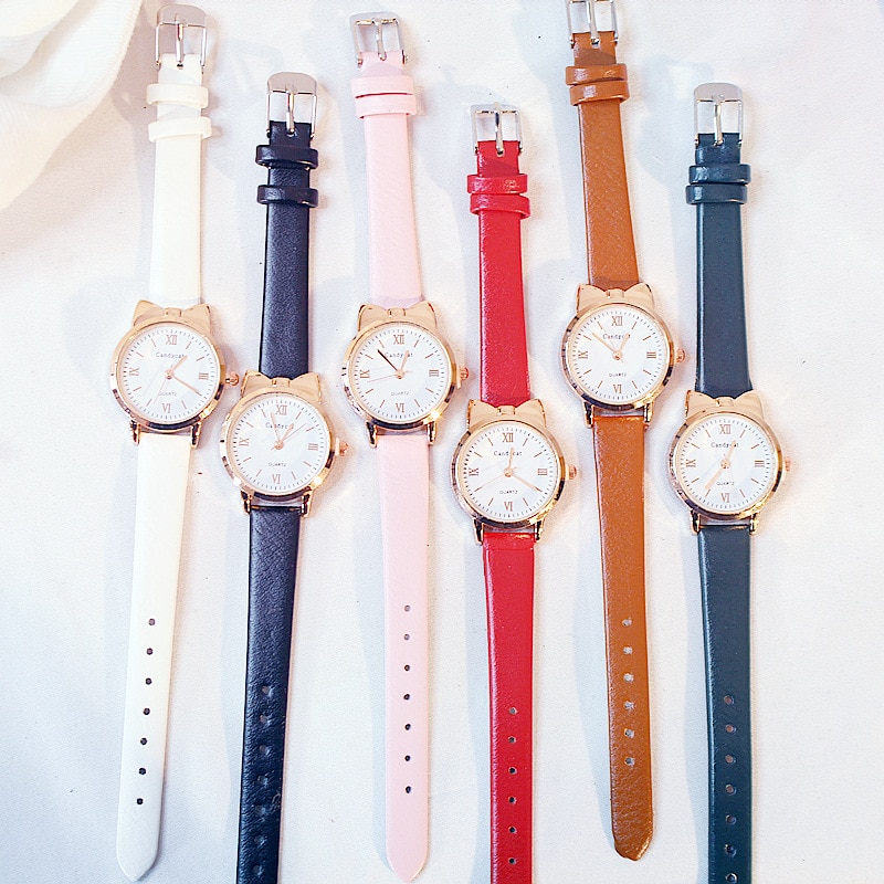 Casual Vrouwen Horloges Leuke Kat Oor Lady Armband Horloge Mode Lederen Band Quartz Horloge Klok Relogio Feminino