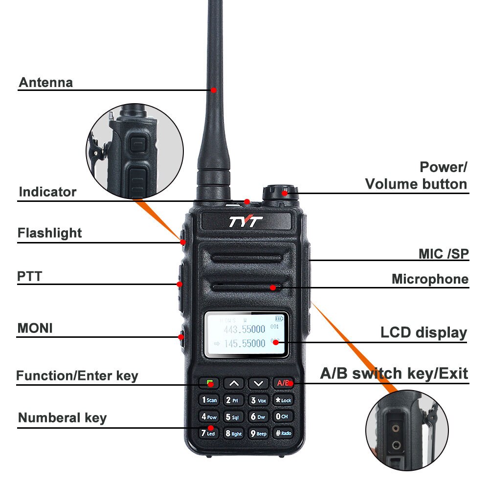 TYT walkie talkie UHF VHF dual band 136-174MHz 400-480MHz 5W 200CH Scrambler VOX FM two way radio