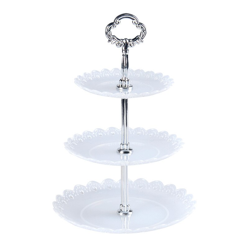 Plastic drielaags fruitbord taartstandaard keukenaccessoires thuisfeest dessert opbergrek festivalbenodigdheden opberghouder: Wit zilver