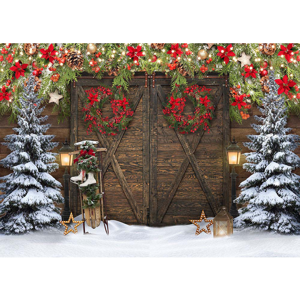Rustic Wooden Door Backdrop for Winter Christmas Trees Red Flowers Wreath Snow Portrait Background Outdoor Skiing Party Supplies