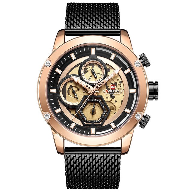 Naviforce Mannen Horloge Blue Skeleton Dial Lichtgevende Heren Horloges Luxe Quartz Horloge Mannen Luxe Horloges: black gold