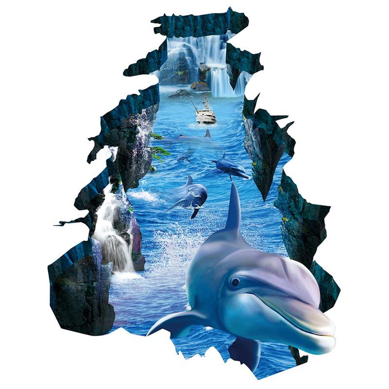 3D Muurstickers Dolfijn Gebroken Muur Visuele Milieubescherming Waterdichte Antislip Woonkamer Slaapkamer Vloer Stickers