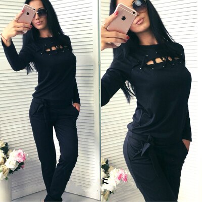 Women Sports Sets Women Tracksuits Sportswear Sports Fitness Running Volleyball Sets 2 Pieces Bandage Hoodies + Sweatpants: black / M